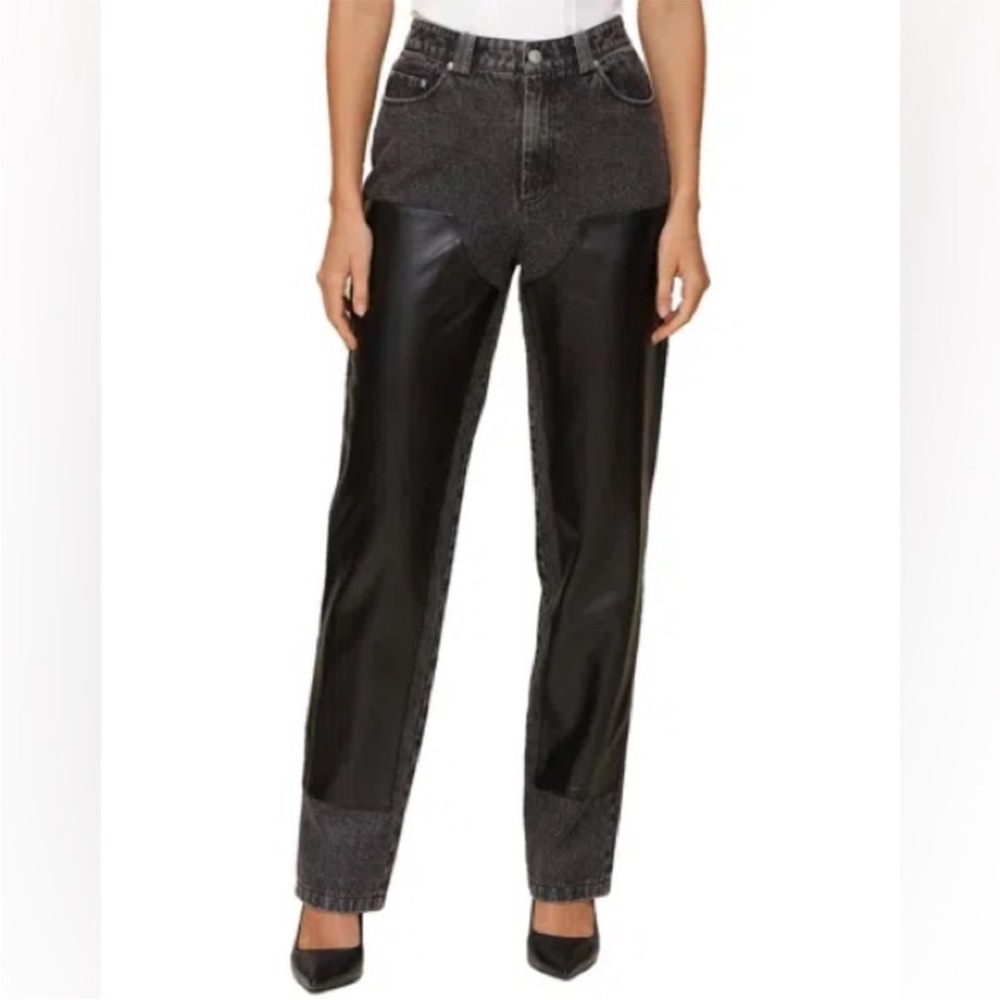 Avec Les Filles Faux Leather Chap Denim Jeans Washed Black Gray Sz 28 High Rise